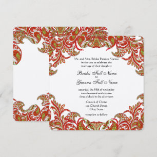 Invitation Mariage damassé vintage paon vert citron mandarine