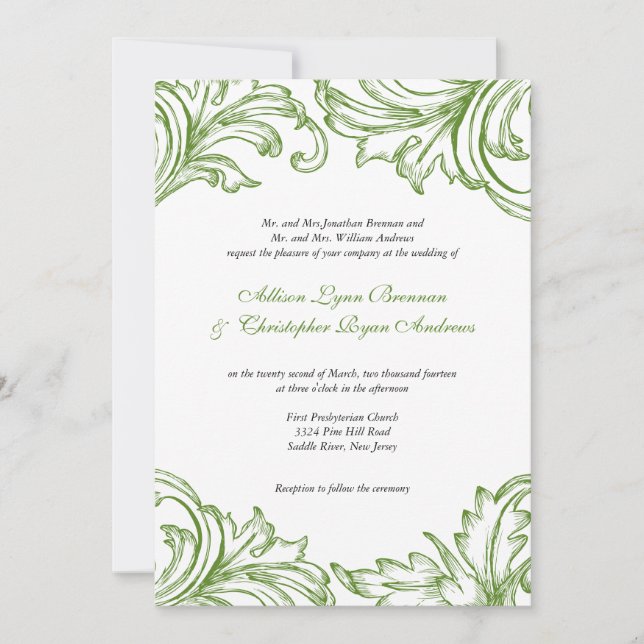 Invitation Mariage damassé Vintage verte et blanch (Devant)