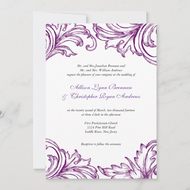 Invitation Mariage damassé Vintage violet et blanc (Devant)