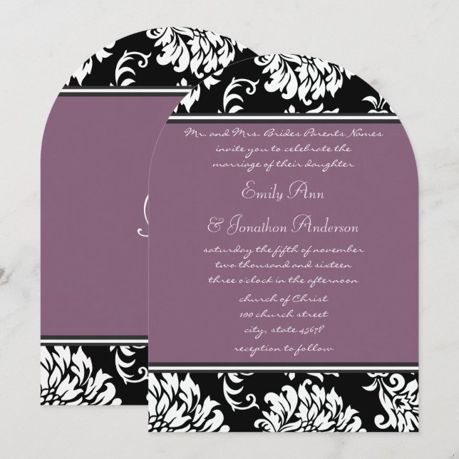 Invitation Mariage damassé violet de forme d'arche à monogram (Devant / Derrière)