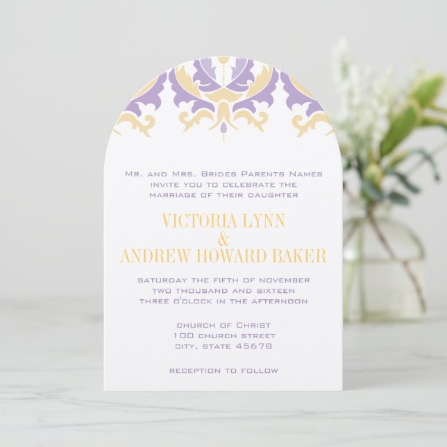 Invitation Mariage damassé violet jaune (Debout devant)