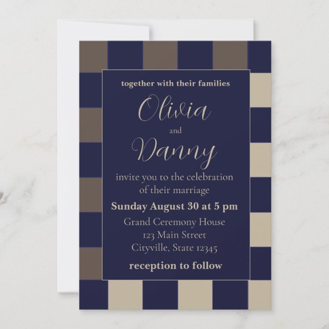 Invitation Mariage Damier Brun Bleu Foncé (Devant)