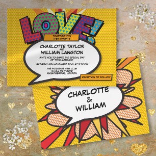 Invitation Mariage d'amour de bande dessinée de plaisir moder