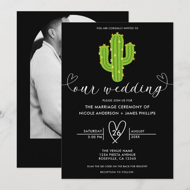 Invitation Mariage d'amour du coeur jaune Cactus Fiesta (Devant / Derrière)