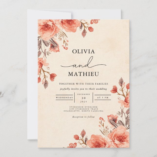 Invitation Mariage d'amour floral Apricot doux (Devant)