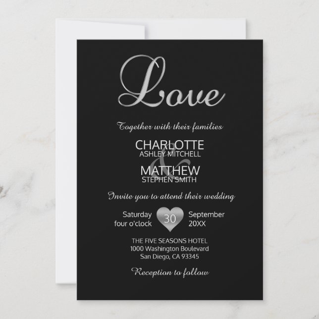Invitation Mariage d'AMOUR noir blanc argenté classique moder (Devant)