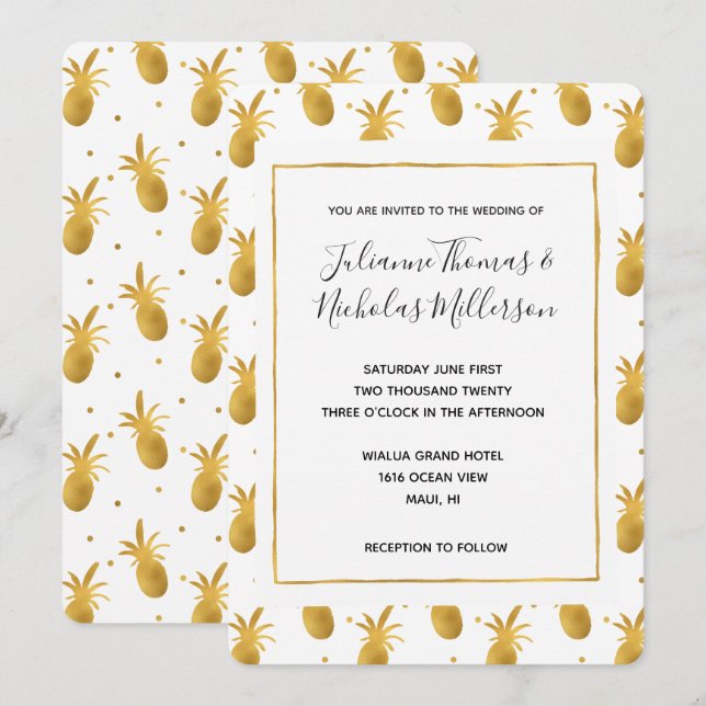 Invitation Mariage d'ananas et de points d'or (Devant / Derrière)