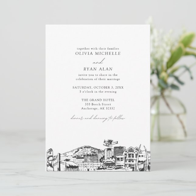 Invitation Mariage d'ancrage noir et blanc Skyline moderne (Debout devant)