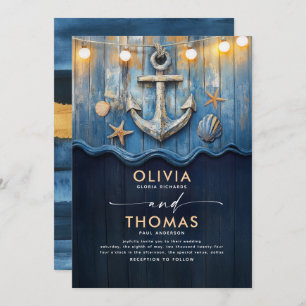 Invitation Mariage d'Ancre bleu et or marine