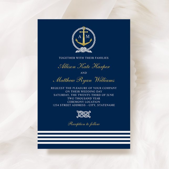Invitation Mariage d'Ancre bleu et or marine (Créateur téléchargé)