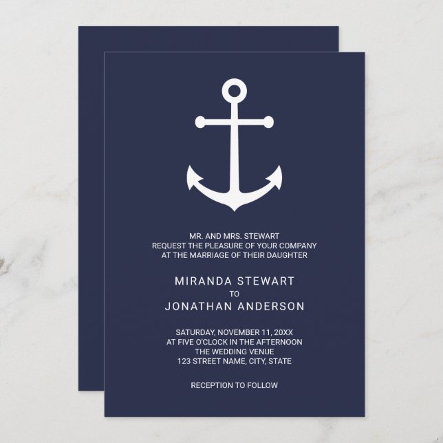 Invitation Mariage d'Ancre bleu marine moderne (Devant / Derrière)