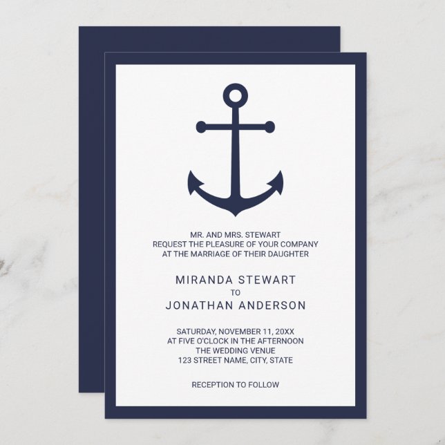 Invitation Mariage d'Ancre bleu marine moderne (Devant / Derrière)