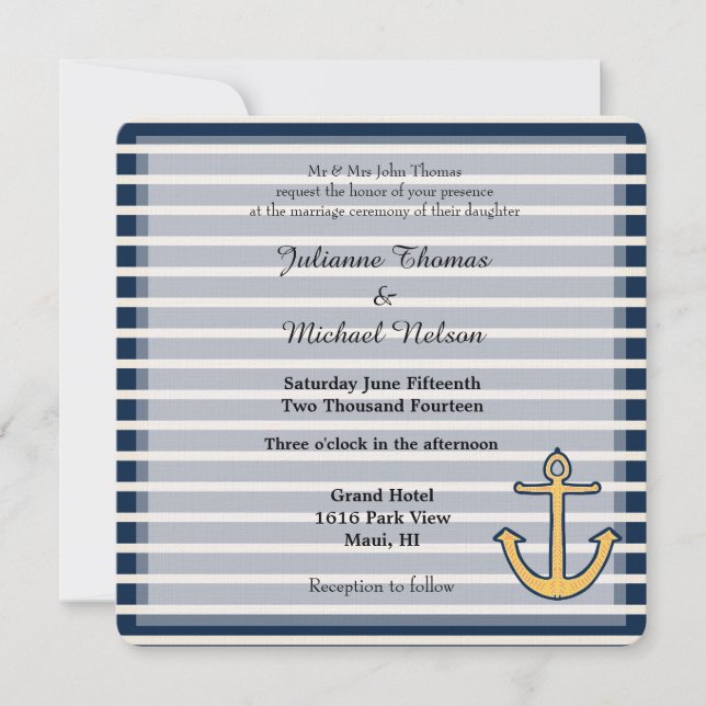 Invitation Mariage d'Ancre de la Marine Blue Stripes (Devant)