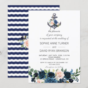 Invitation Mariage d'Ancre floral bleu rose marine