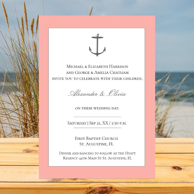 Invitation Mariage d'Ancres nautiques simple | Corail (Coral Simple Nautical Anchor Wedding Invitation)