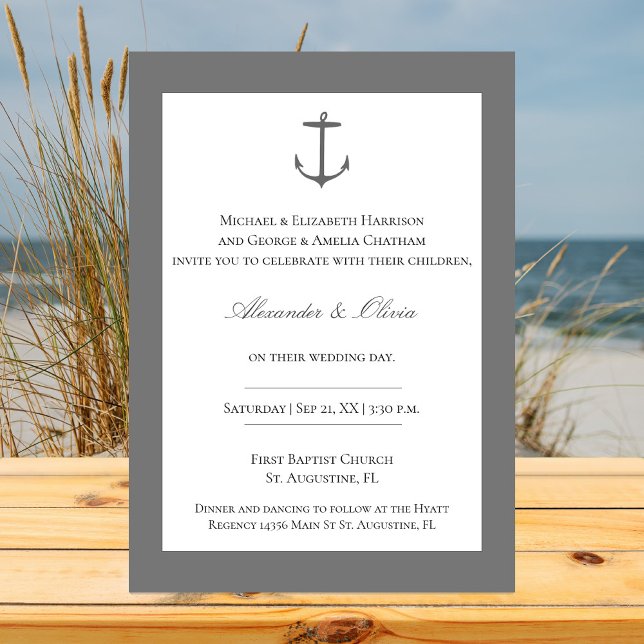 Invitation Mariage d'Ancres nautiques simple | Gris (Gray Simple Nautical Anchor Wedding Invitation)