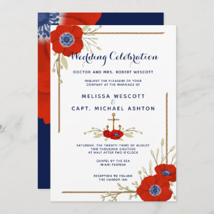 Invitation Mariage d'anémone bleu blanc et bleu marine