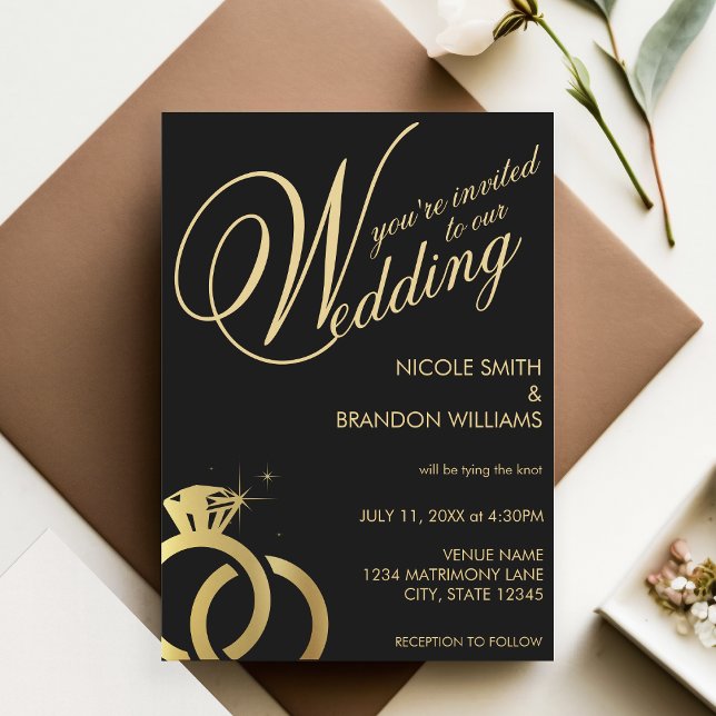 Invitation Mariage d'anneau diamant noir et or (Black & Gold Diamond Ring Wedding Invitation)