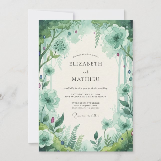 Invitation Mariage dans la Forêt Enchantée de Vert Émeraude (Devant)