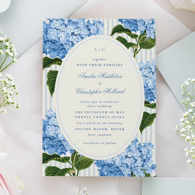 Invitation Mariage dans le jardin de l'Hydrangea Blue Preppy (preppy watercolour hydrangea flowers wedding invitation in blue and off-white.)