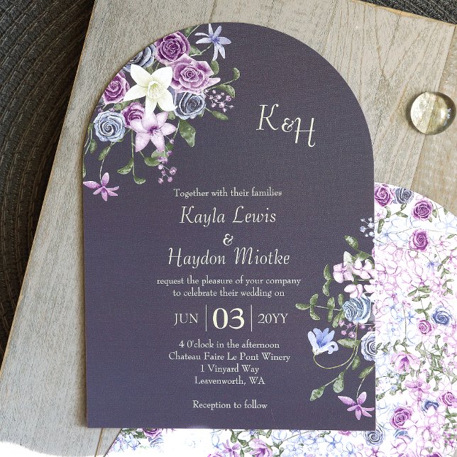 Invitation Mariage dans le jardin Rose moderne violet, bleu,  (modern arched slate gray lavender lilac purple blue roses boho wedding invitations bluish gray solid)