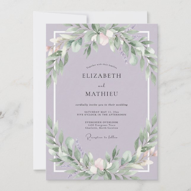 Invitation Mariage dans les tons de violet poussiéreux et de  (Devant)