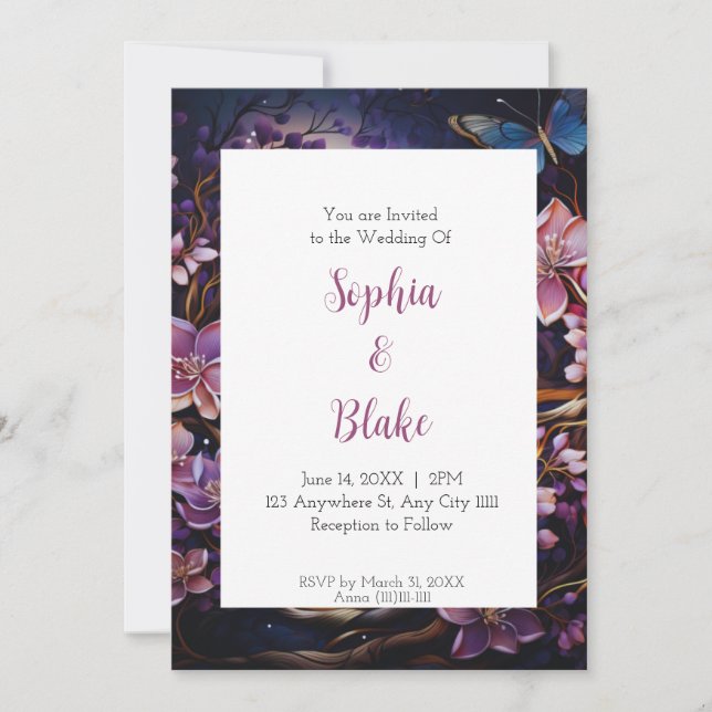 Invitation Mariage dans un jardin au clair de lune (Devant)