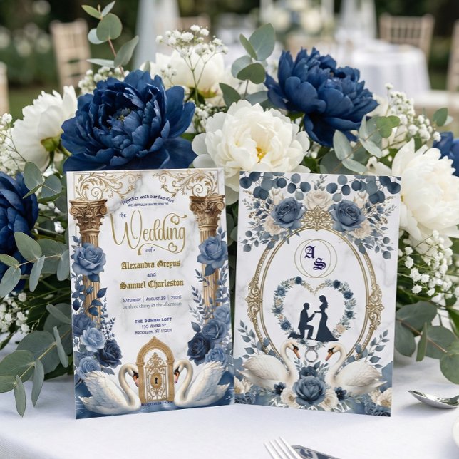 Invitation Mariage dans un jardin botanique avec du bleu pous (Créateur téléchargé)