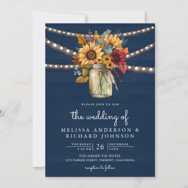 Invitation Mariage dans un pot Mason avec des tournesols en b (Devant)
