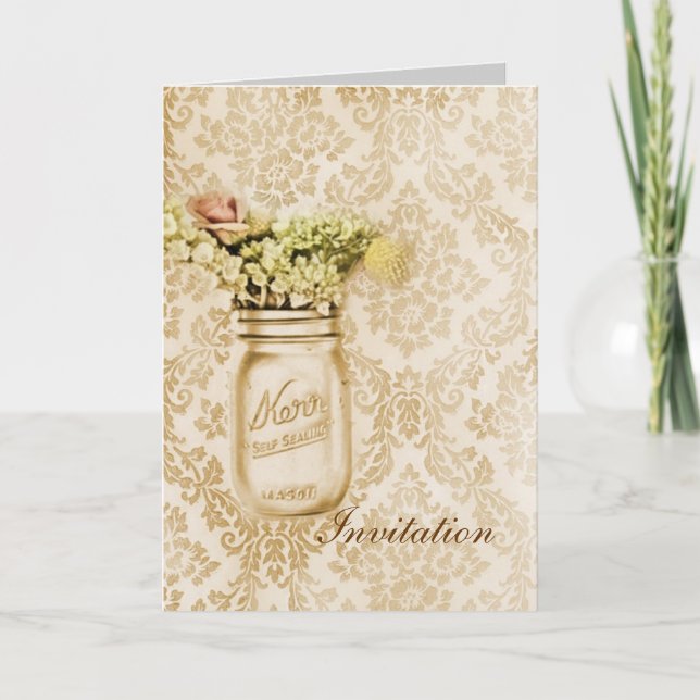 Invitation Mariage dans un pot mason en damas floral champagn (Devant)
