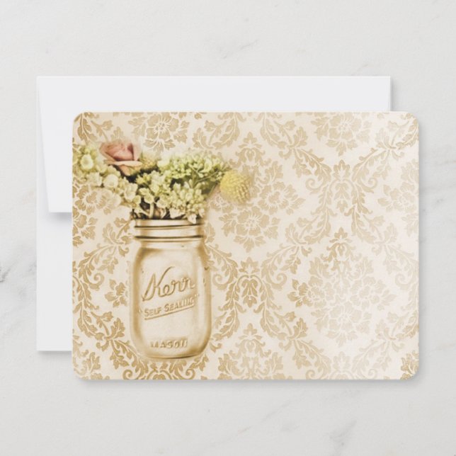 Invitation Mariage dans un pot mason en damas floral champagn (Devant)