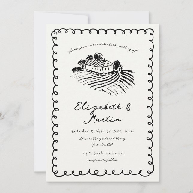 Invitation Mariage dans un vignoble funky dessiné à la main e (Devant)