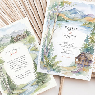 Invitation Mariage dans une forêt aquarelle au bord d'un lac