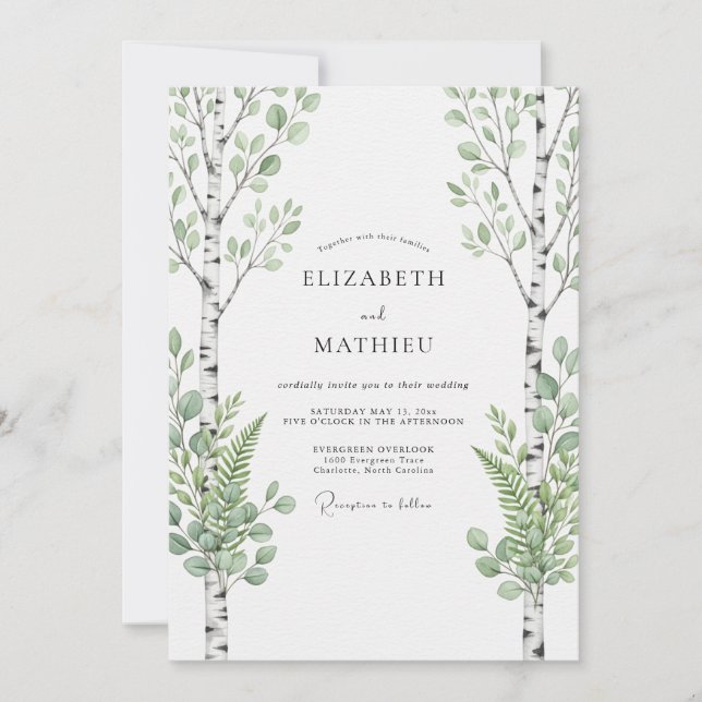 Invitation Mariage dans une forêt de bouleaux vert sauge (Devant)