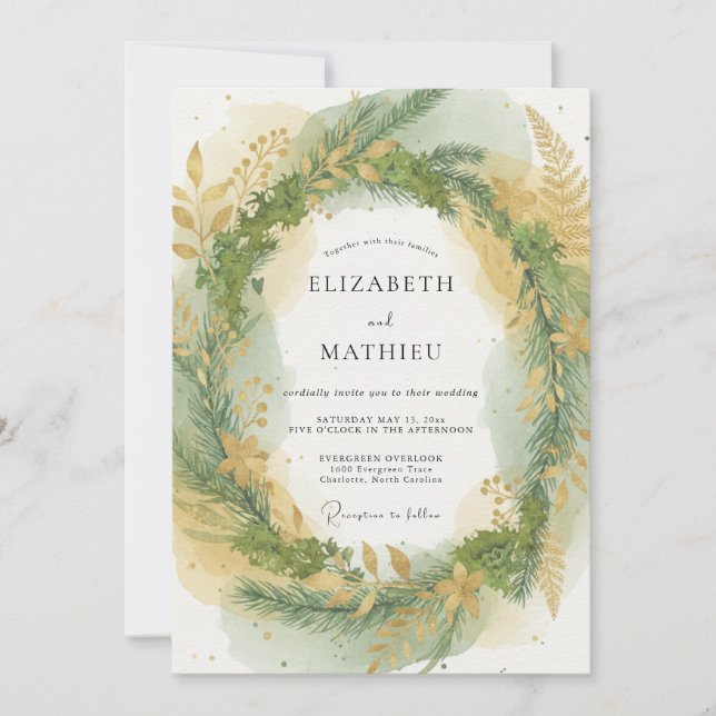 Invitation Mariage dans une forêt de pins vert sauge (Devant)