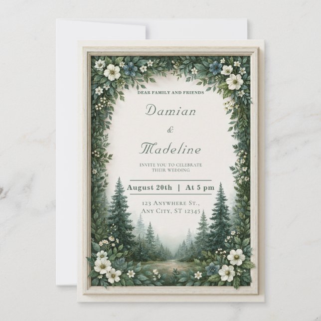 Invitation Mariage dans une forêt de verdure embrumée (Devant)