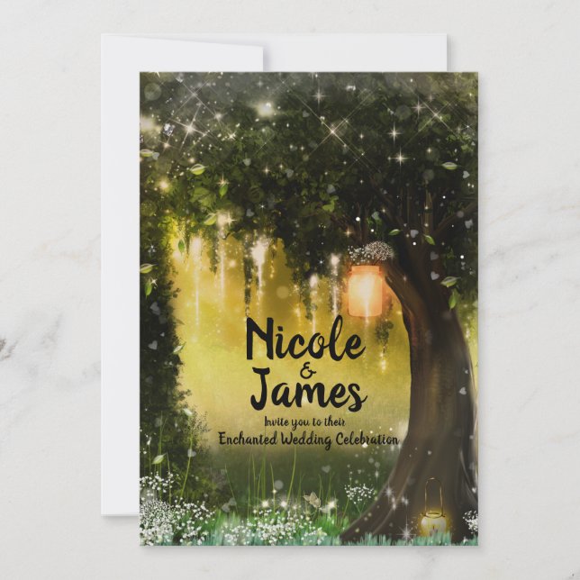 Invitation Mariage dans une forêt enchantée verte scintillant (Devant)