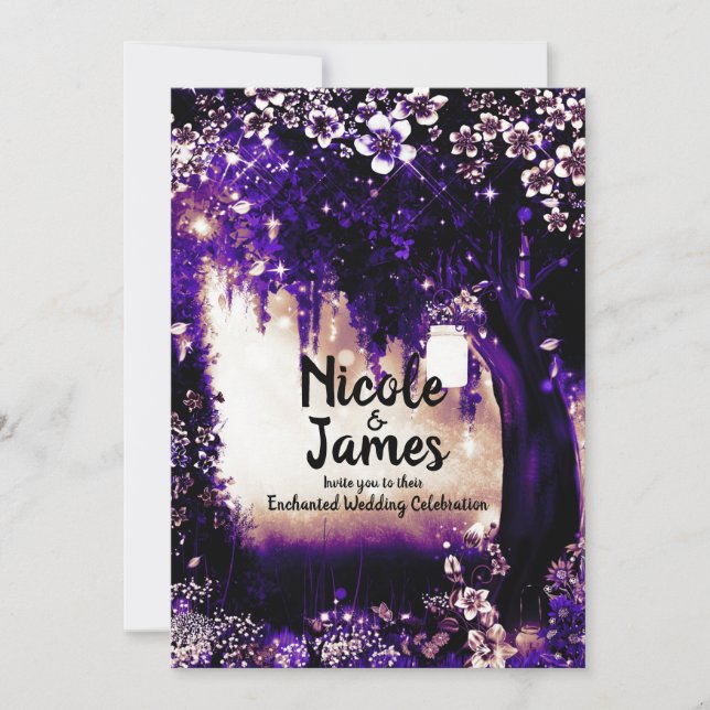 Invitation Mariage dans une forêt enchantée violette de conte (Devant)