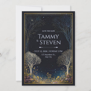 Invitation Mariage dans une forêt étoilée aux fleurs sauvages