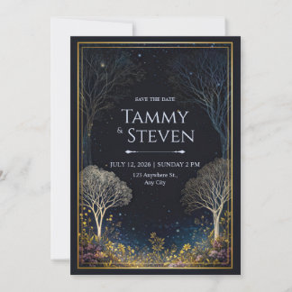 Invitation Mariage dans une forêt étoilée aux fleurs sauvages