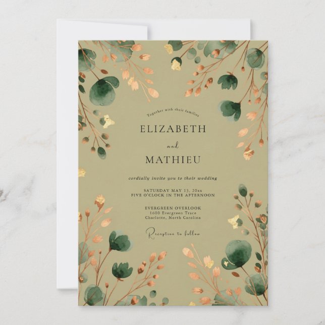 Invitation Mariage dans une forêt feutrée vert sauge (Devant)
