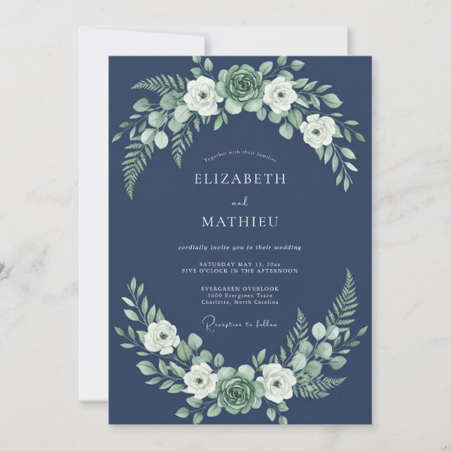 Invitation Mariage dans une forêt luxuriante bleu marine (Devant)
