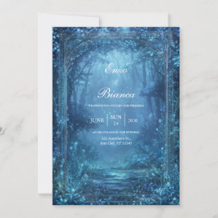 Invitation Mariage dans une forêt magique bleue éthérée et lu