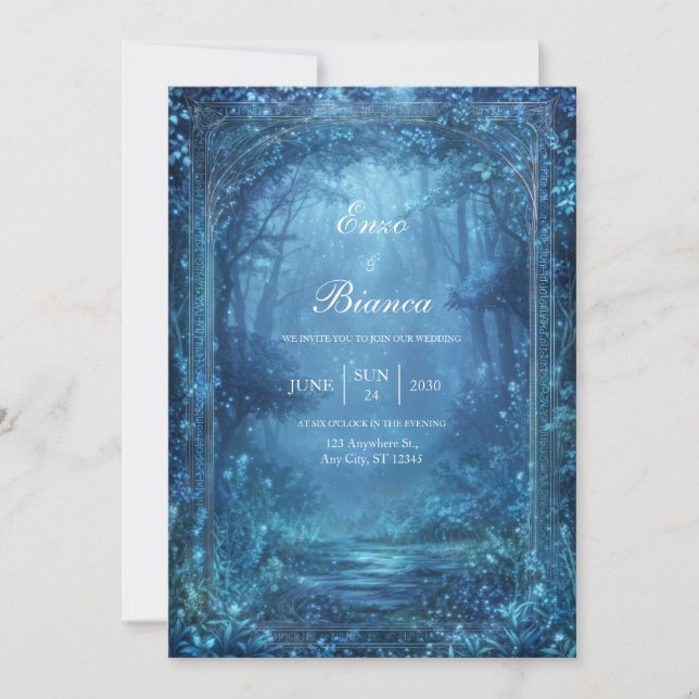 Invitation Mariage dans une forêt magique bleue éthérée et lu (Devant)