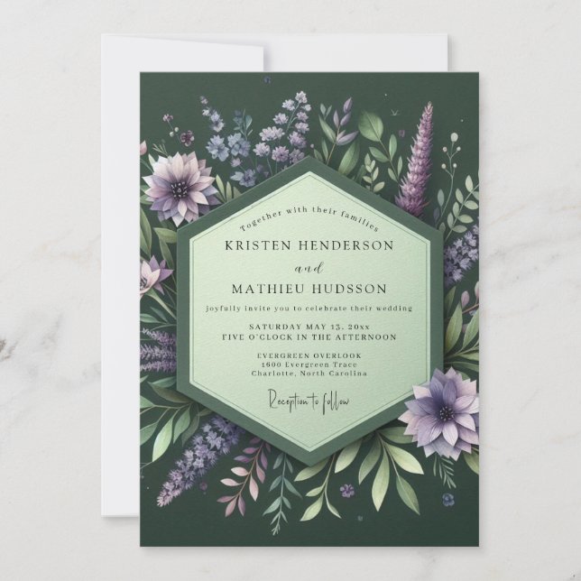 Invitation Mariage dans une prairie de lupins émeraude (Devant)