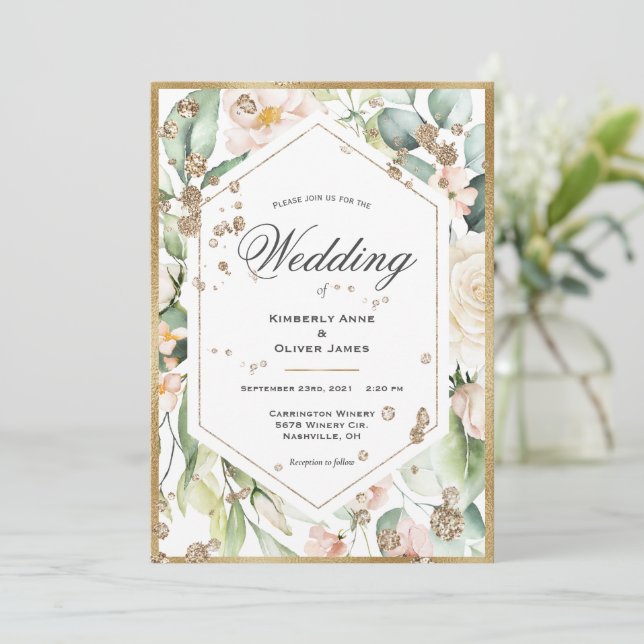 Invitation Mariage d'aquarelle à cadre or floral (Debout devant)