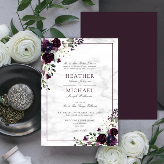 Invitation Mariage d'aquarelle à fleurs violettes de prune cl (Créateur téléchargé)