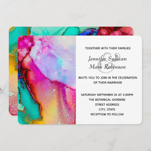 Invitation Mariage d'aquarelle Abstraite rose et turquoise