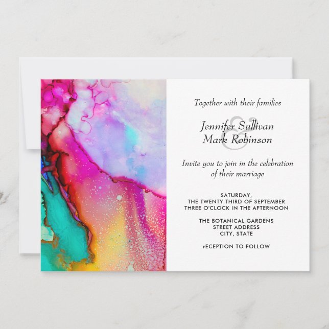 Invitation Mariage d'aquarelle Abstraite rose et turquoise (Devant)