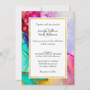 Invitation Mariage d'aquarelle Abstraite rose et turquoise